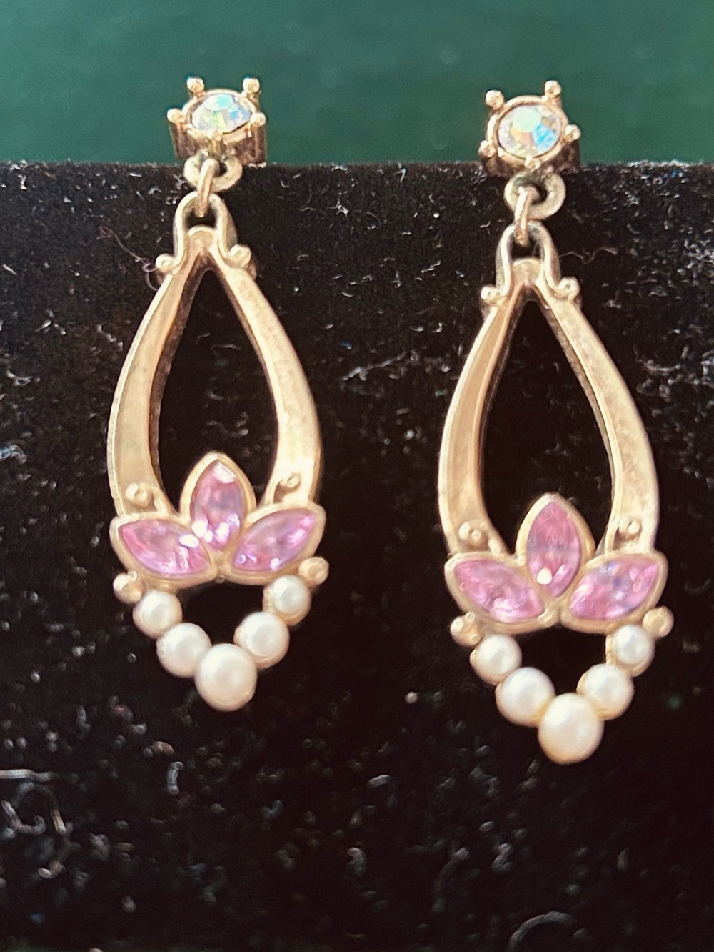 Gold-Tone Pink Crystal & Pearl Drop Earrings